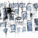 #1138 Pen and Ink, watercolor Scribble with Blue